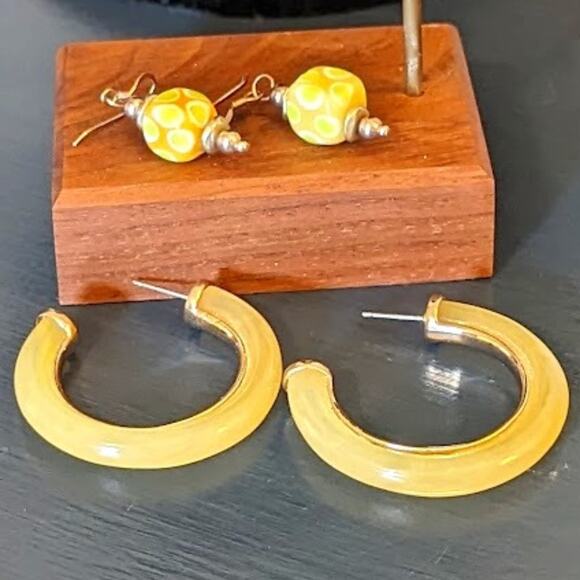 Two Pair of Yellow Earrings -- Hoops and 925 Fused Glass Dangles - Picture 1 of 5